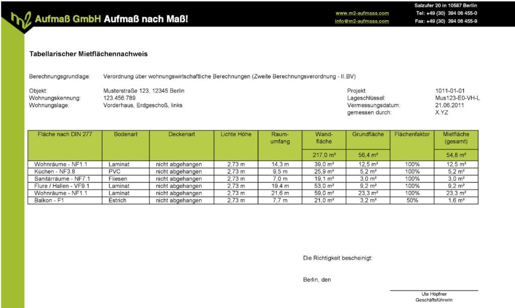 Vermessung: Tabellarischer Mietflächennachweis